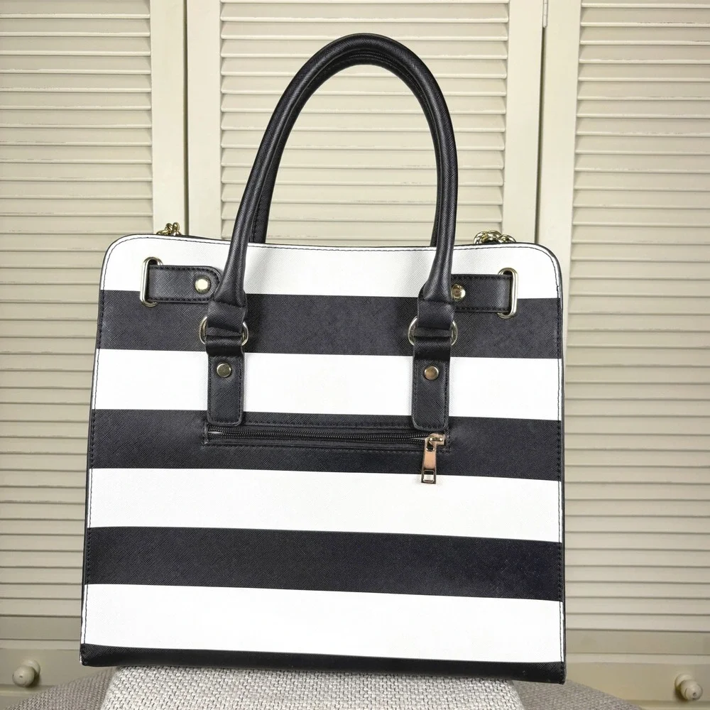 Bold Dasin Black White Striped Tote Modernist Gold Hardware Satchel Handbag Tote